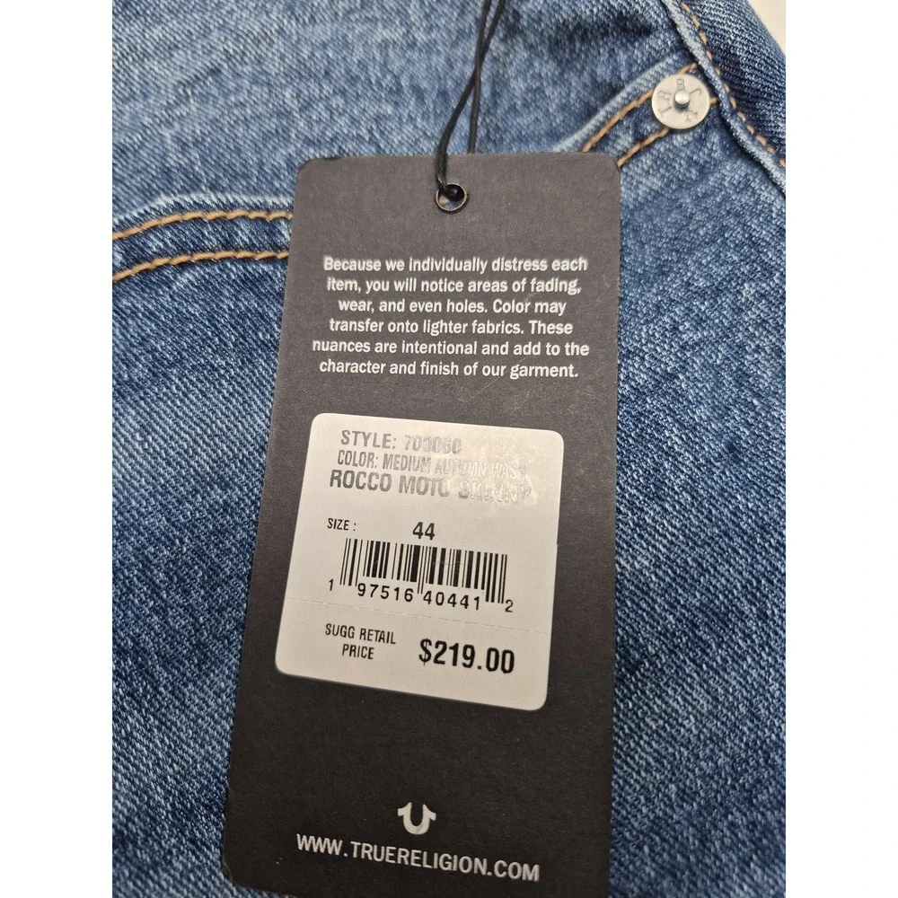 True Religion Rocco Moto Skinny Jeans Mens 44x32 Medium Wash Blue Distressed NWT